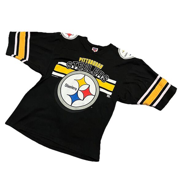 Pittsburgh Steelers NFL 1996 Big Print Striped Sleeves Jersey Style T Shirt Med - Picture 8 of 8